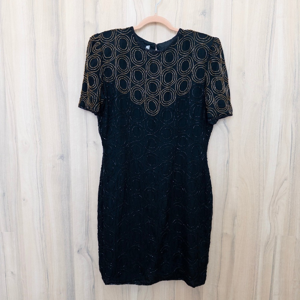 VTG JMC Womens Silk Beaded Dress Size 14 BlackArt Deco‎ Cocktail Gatsby Glam